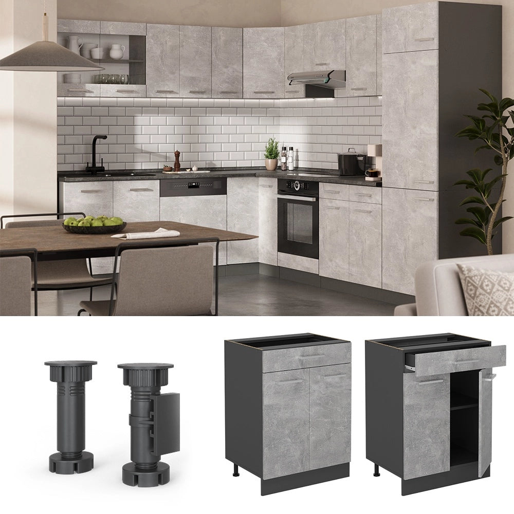 Mobiletto base per cucina R-Line Calcestruzzo/Antracite 60 cm con cassetto, senza piano di lavoro Vicco