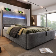 Letto imbottito con testiera alta, illuminazione LED e contenitore 90 x 200 cm