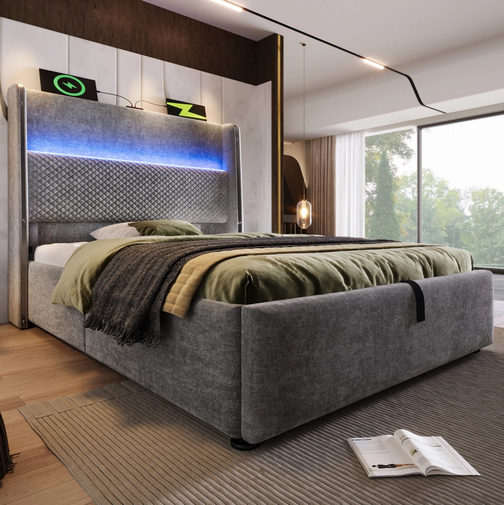 Letto imbottito con testiera alta, illuminazione LED e contenitore 90 x 200 cm