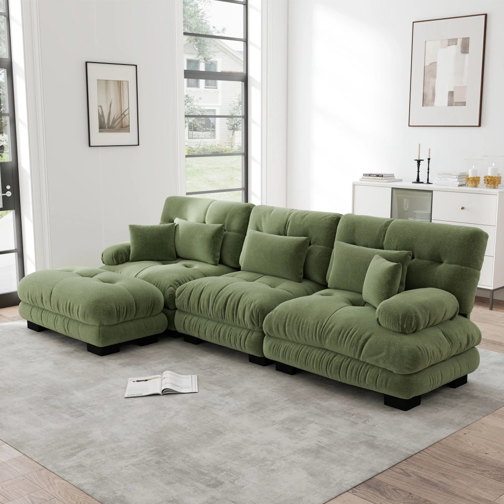 Divano angolare modulare con seduta profonda e pouf mobili per soggiorno in ciniglia verde 313 × 145 × 81 cm