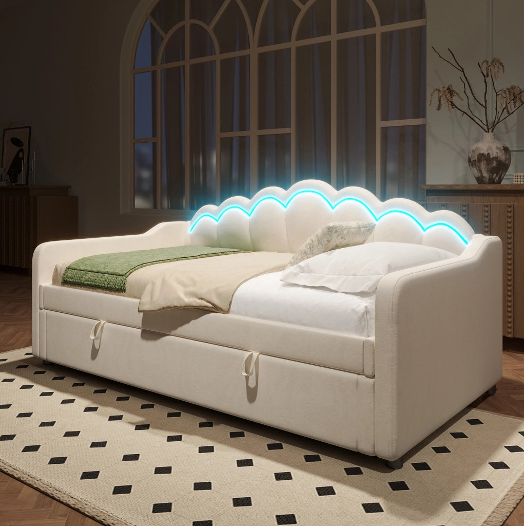 Letto a divano con contenitore 90x200 cm in velluto beige; con LED e sollevamento idraulico
