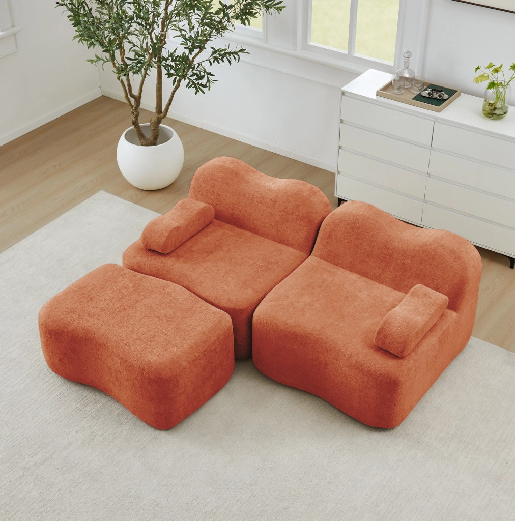 Divano angolare modulare 2 posti con pouf; 192x167x70 cm in velluto arancione