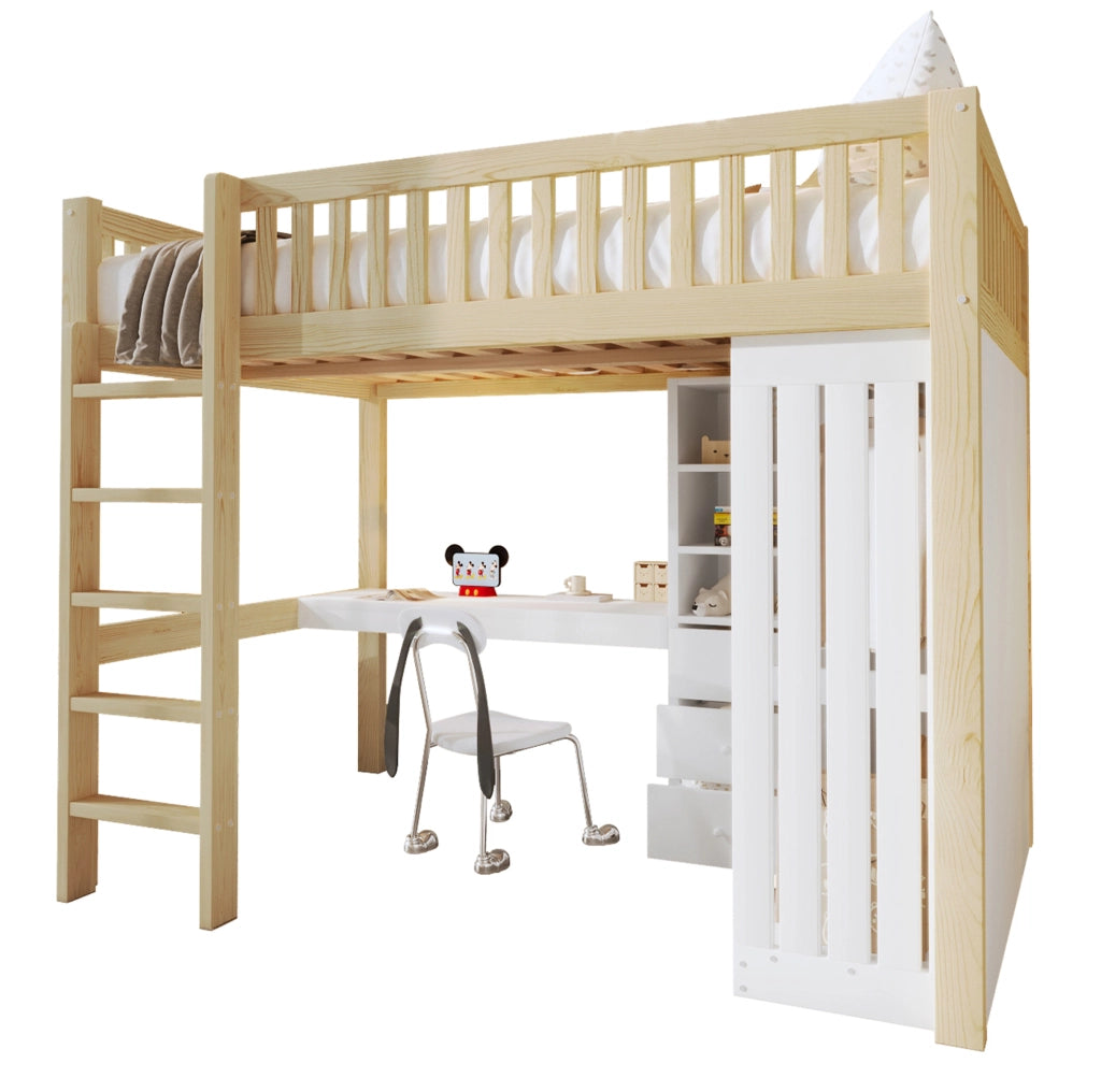 Letto a soppalco 140x200 cm con scrivania, armadio e 3 cassetti