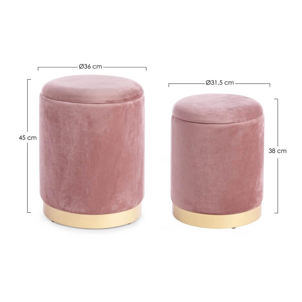 Set da 2 Pouf Contenitore Rotondi in Velluto con Base Dorata - SERENA