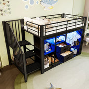 OKWISH Letto a soppalco 90×200 cm, Letto Singolo con 2 Cassetti, LED Multicolore e Armadio Aperto, senza Materasso, Metallo, Nero