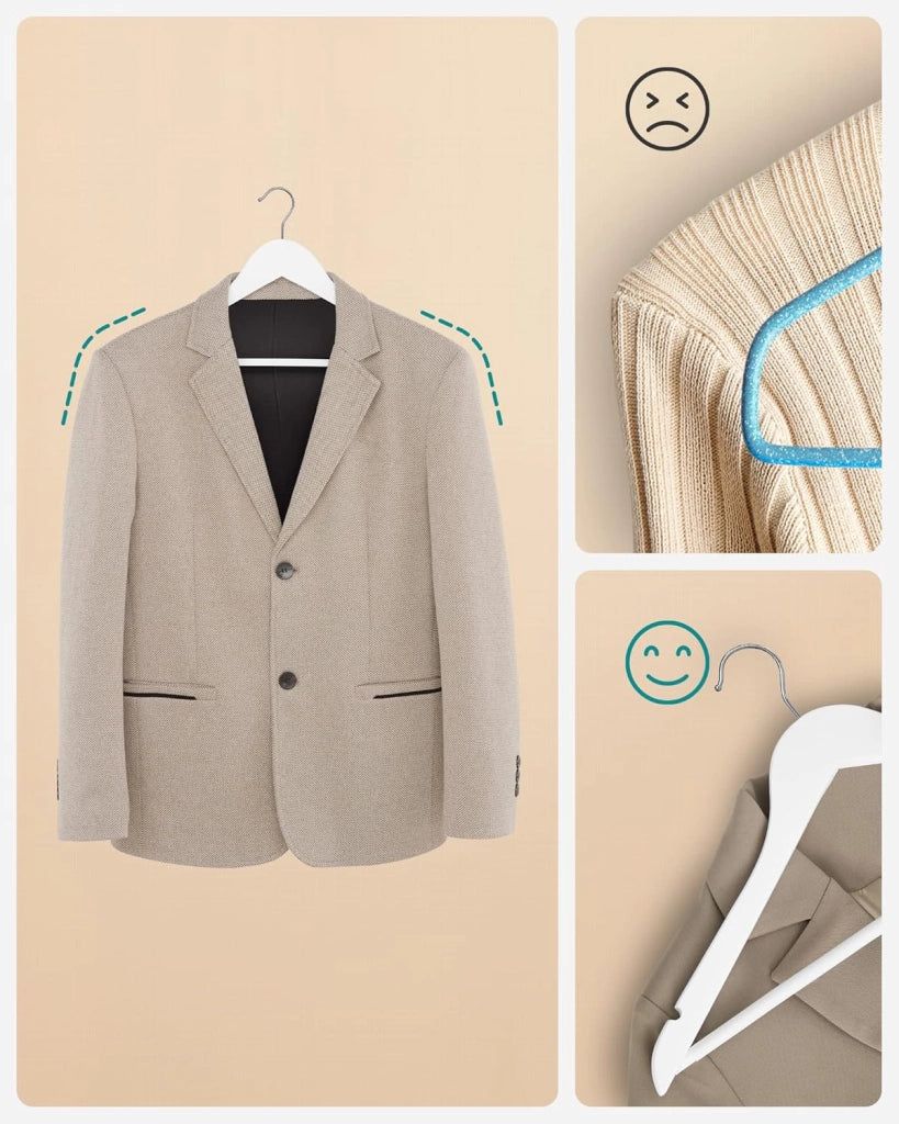 SONGMICS Appendiabiti in legno, 100 pezzi, con tacche antiscivolo, barra antiscivolo per pantaloni, gancio girevole a 360°, per abiti, camicie, cappotti, bianco CRW03W-100