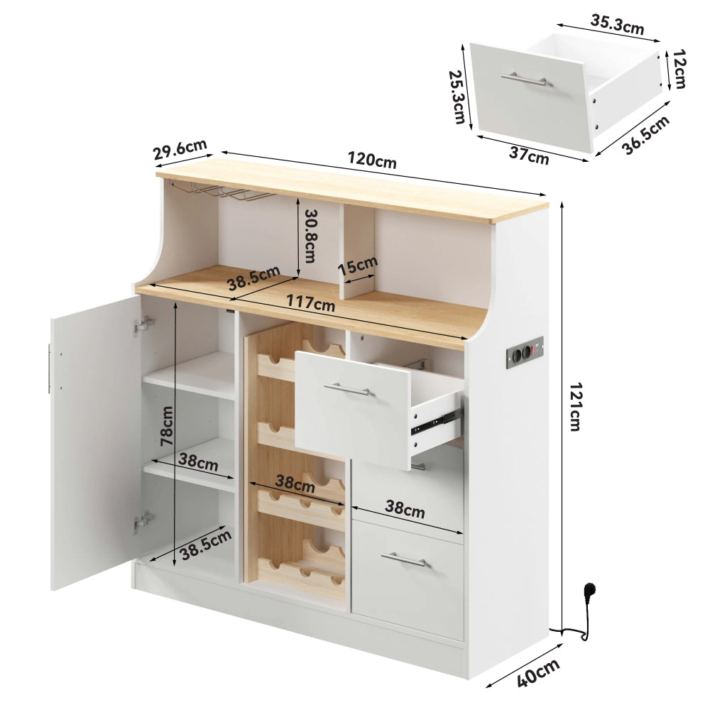 Credenza e madia con LED, presa elettrica, portabottiglie, 3 cassetti e ripiani, per cucina, 120 × 40 × 121 cm