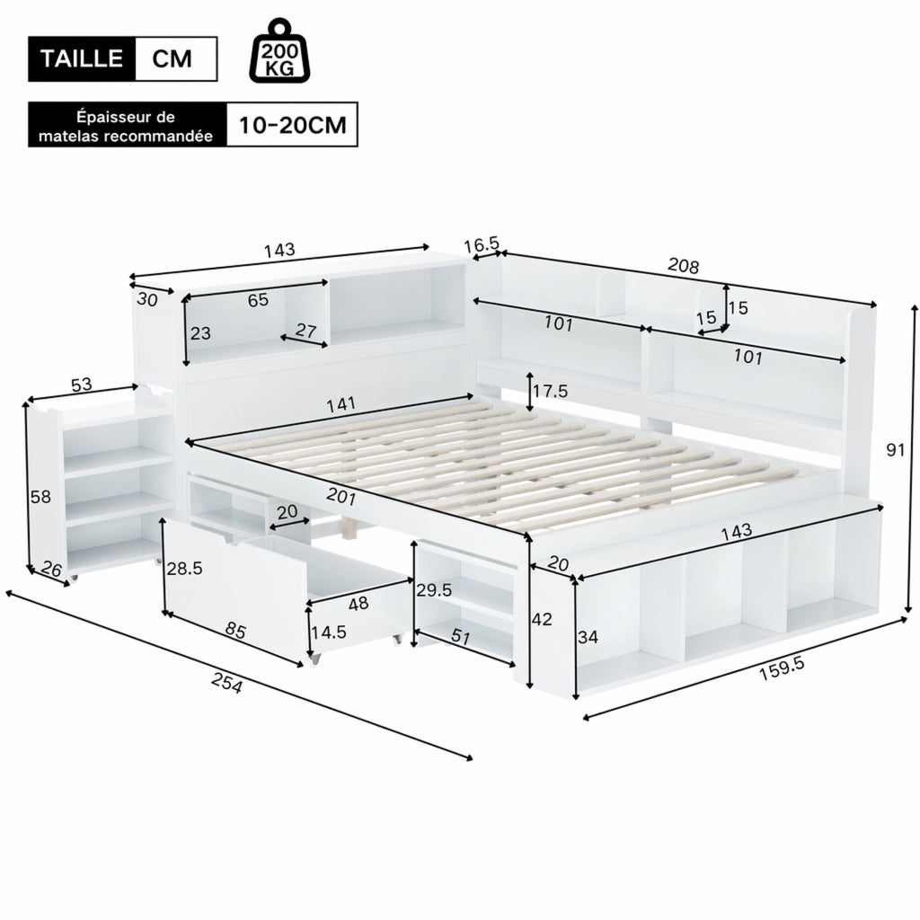 DESMIU Letto per bambini 2 posti con cassetto, librerie e armadietti 140 × 200 cm, senza materasso, bianco