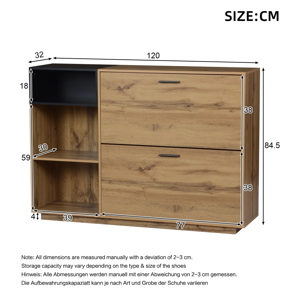 Scarpiera con 2 ante a ribalta e 3 vani aperti, per ingresso, in MDF, effetto legno naturale e nero, 120 × 32 × 84,5 cm