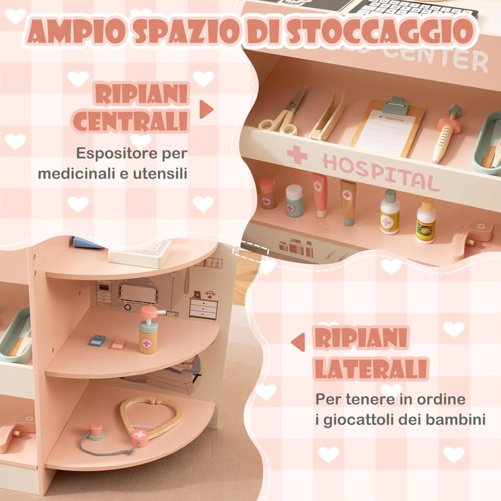 Set Gioco Dottore per Bambini, Medico Giocattolo in Legno con Tabella Oculistica, Macchinario CT e Radiografie, Gioco di Ruolo Medico Educativo con Accessori per Bambini 3+ Anni (Rosa)