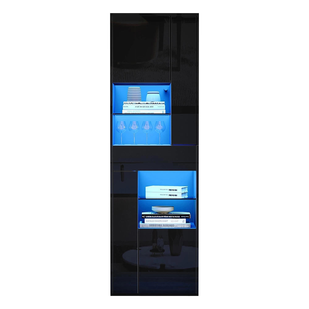 Vetrina esposizione 55x38x170 cm con LED - Xylo - 1 cassetto, 4 ante vetrate, design brillante, nero