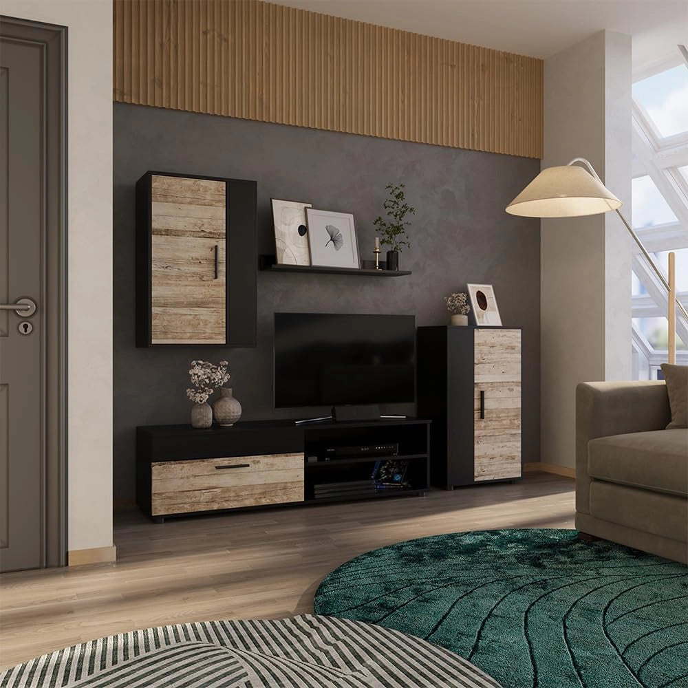 Parete attrezzata Berno, Antracite/beige, Set di 4 pezzi, per la conservazione di dispositivi multimediali e accessori
