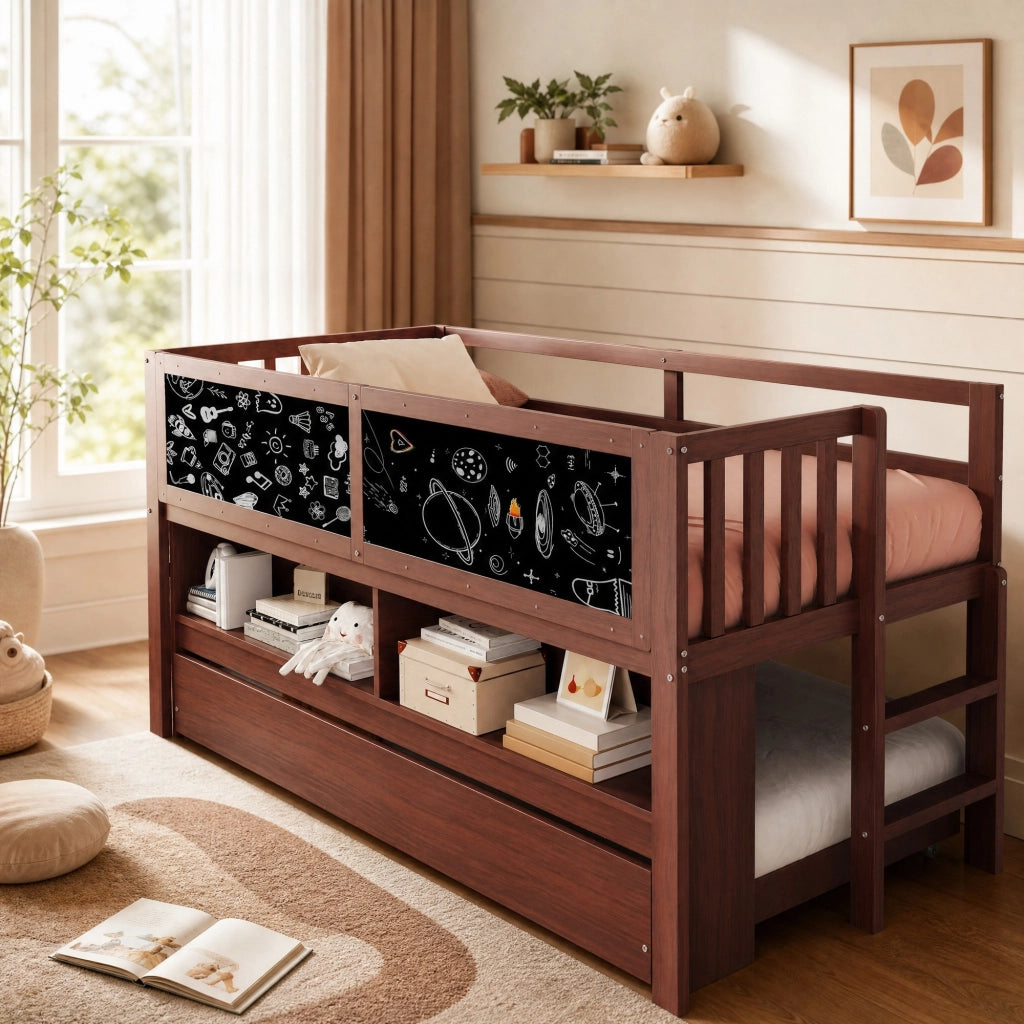 Letto per bambini 90x200 cm con letto estraibile; lavagna e ripiani aperti marrone