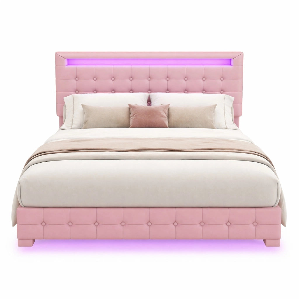 Letto flottante 140x200 cm in PU rosa con illuminazione LED e testiera regolabile