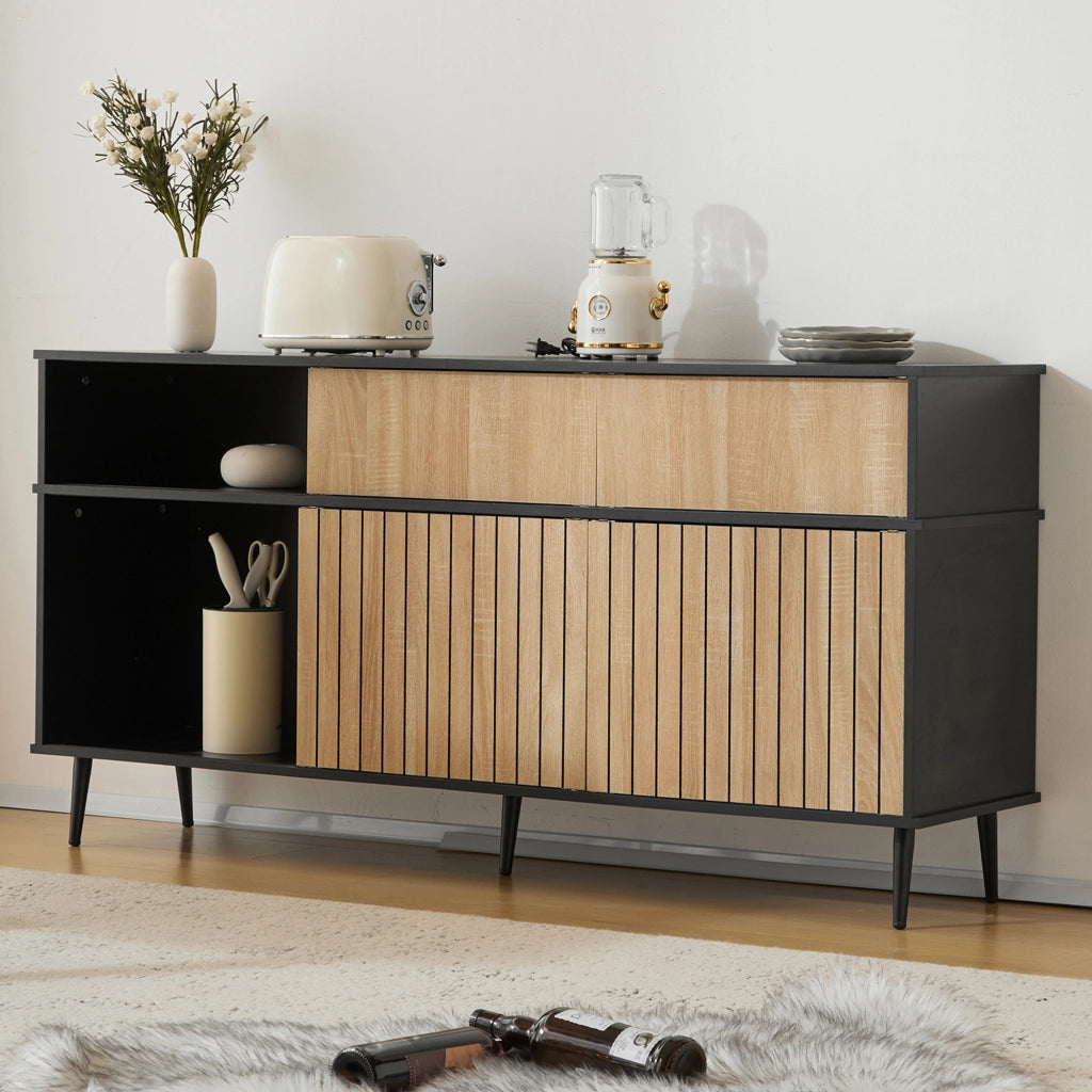 Credenza con 4 ante scorrevoli; 1 cassetto e ripiani regolabili per soggiorno in truciolare nero 160×40×80 cm