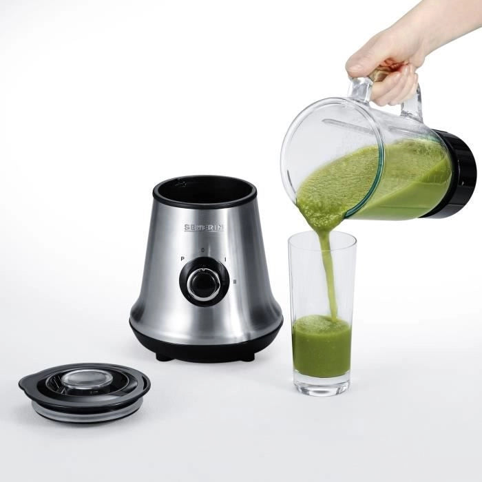 SEVERIN SM3734 Frullatore, contenitore in vetro rimovibile da 1 litro, 2 velocità + funzione impulso, 22.000 giri / min, vano cavo, acciaio inossidabile / Nero
