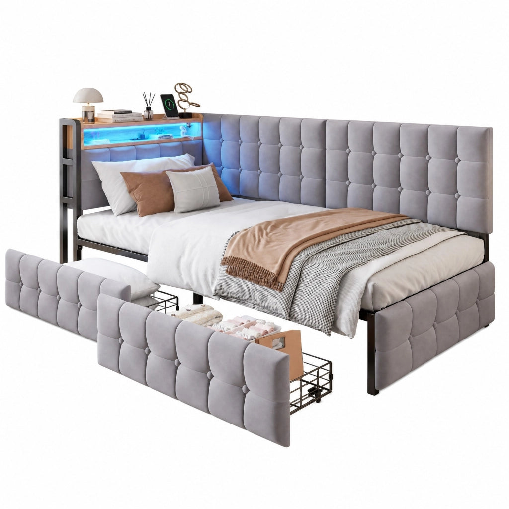 Divano letto imbottito 90x200 cm con 2 cassetti, LED integrato, porte USB e Type-C, struttura in metallo, grigio