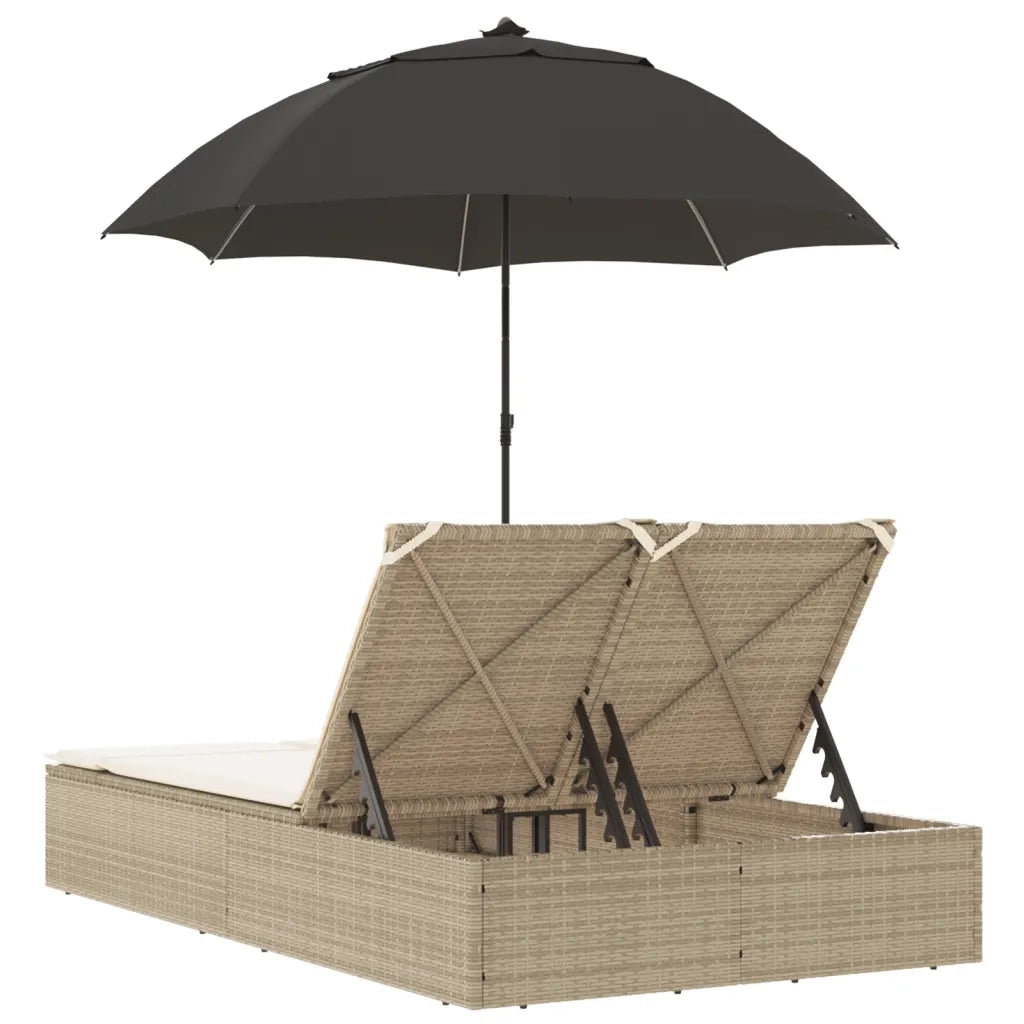 Lettino Prendisole Doppio Cuscini e Parasole Beige Polyrattan 368085