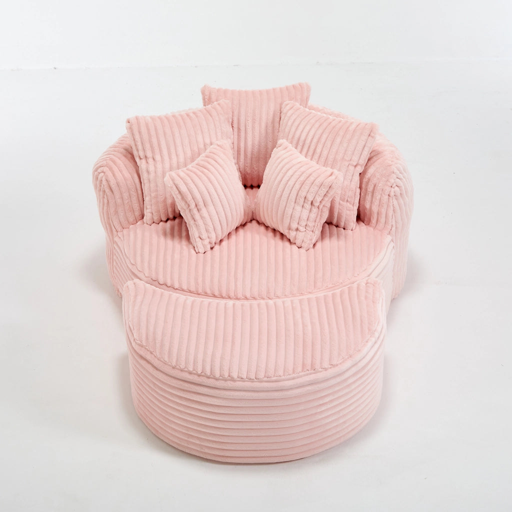 Poltrona relax rotonda con poggiapiedi e 5 cuscini in ciniglia rosa 168 × 123 × 63 cm