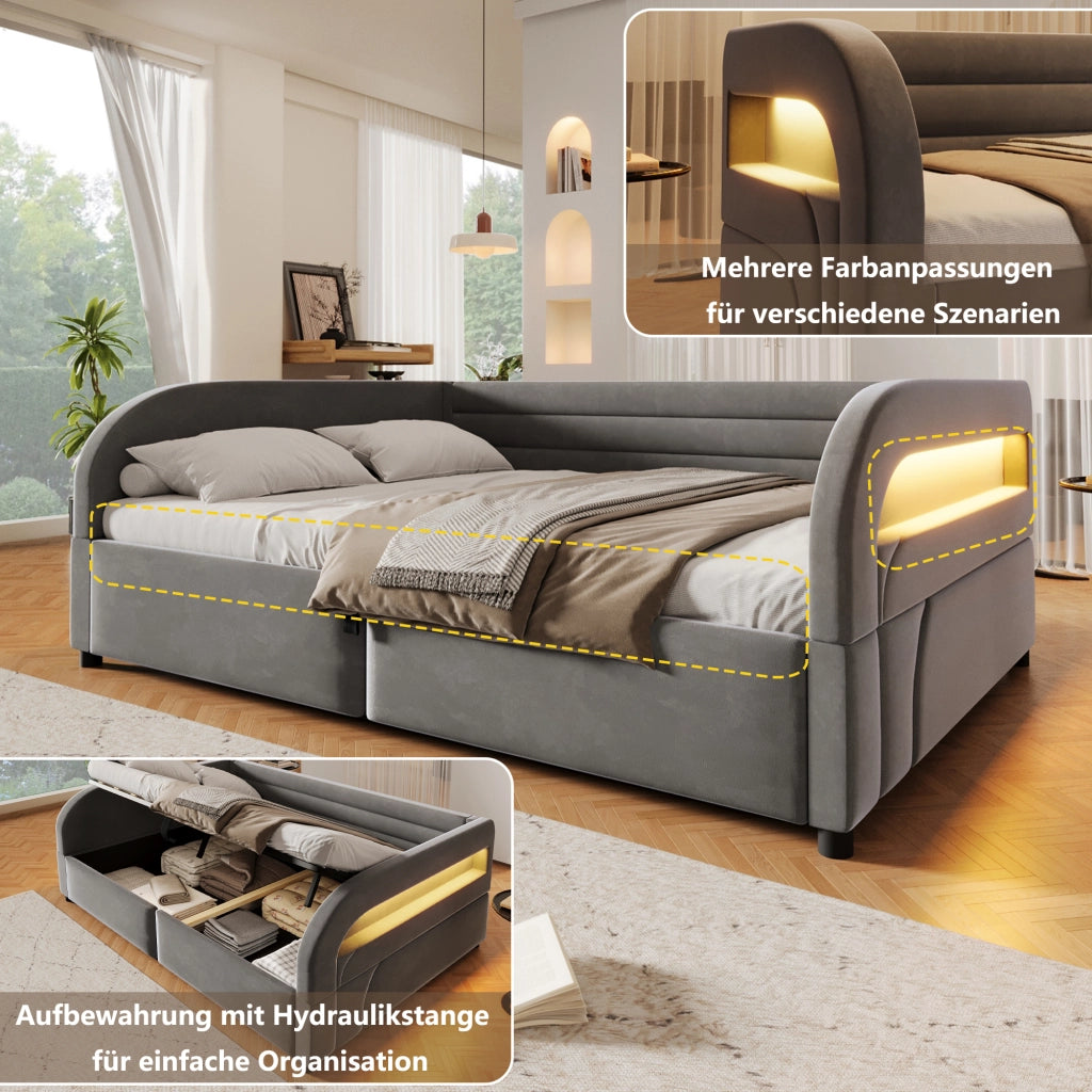 Letto imbottito con contenitore idraulico e LED, 140x200 cm, grigio