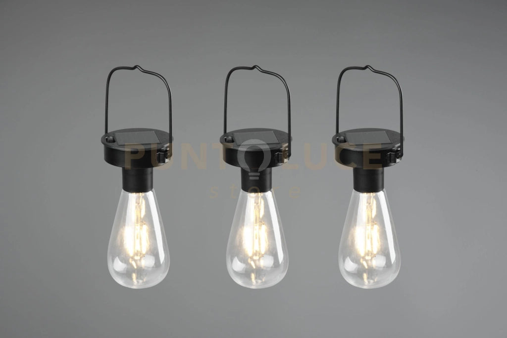 CAMPUS KIT 3 LAMPADE LED DA APPENDERE NERE DA ESTERNO IP44 SOLARE RICARICABILE CON SENSORE CREPUSCOLARE H. 16CM
