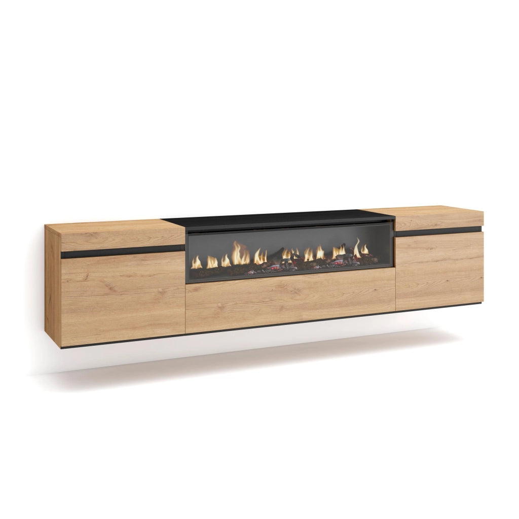Mobile TV, 200x35x45cm, soggiorno, Per TV fino a 80", Camino elettrico, da appendere, colore Rovere e nero RF2153
