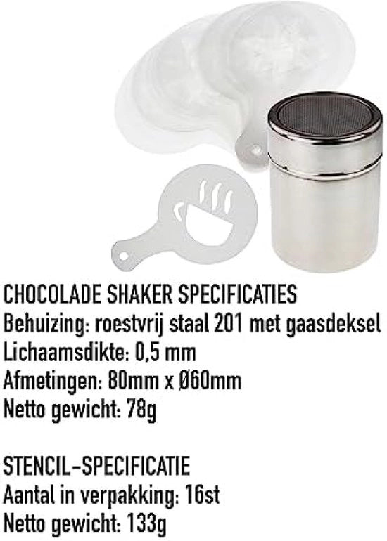 Shaker di Cioccolata con Set di 16 Stencil per Caffè per Amanti del Caffè Decorare Cappuccino Latte Cioccolata Calda Cacao Torta Disegno Decorazione Pennello Pulitore