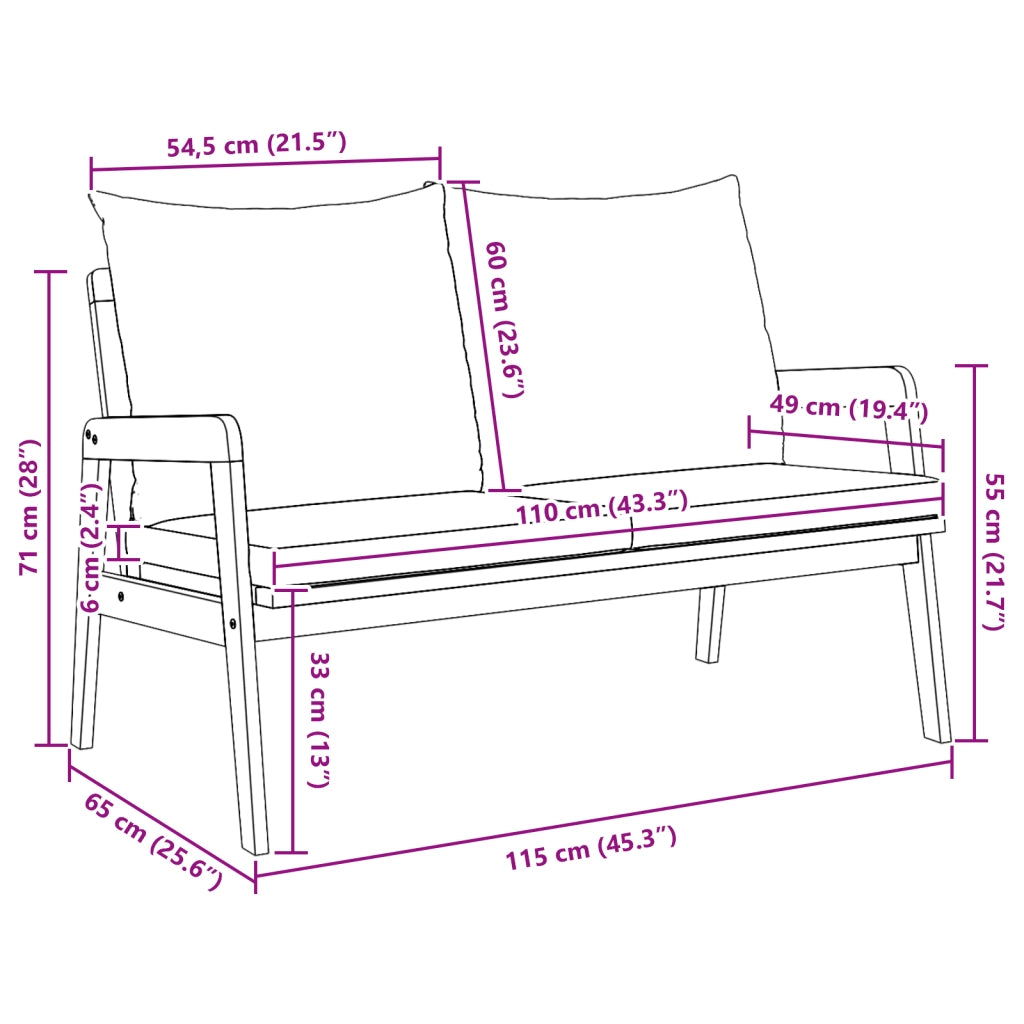 Panca da Giardino con Cuscini 115x65x71 cm Legno Massello di Acacia