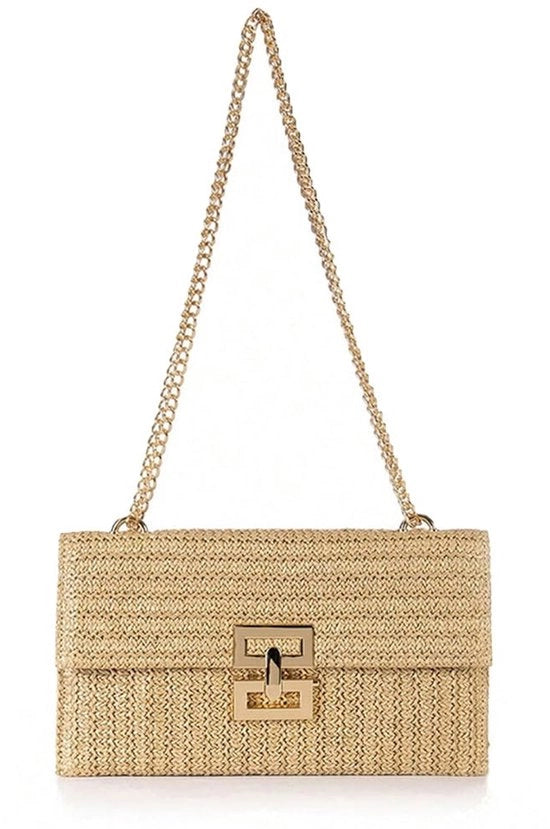 Borsa da Dama in Stro Clutch con Cinturino Metallico per Matrimonio Festa Vacanza