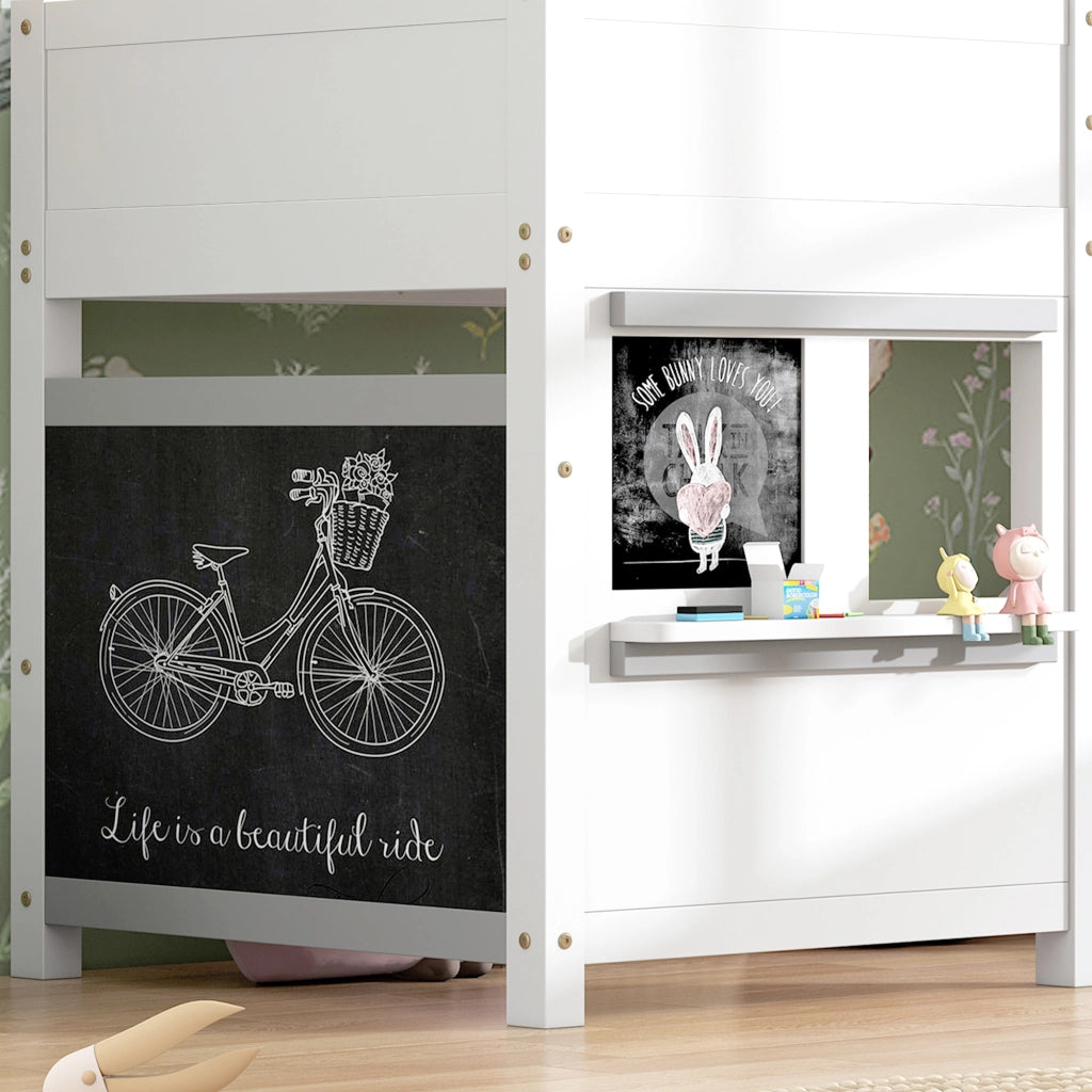 Letto Casetta 90x200 cm; Letto Singolo - Lavagna; Mensola - in Legno Massello Bianco