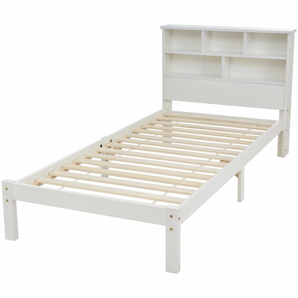 Letto singolo in legno massiccio con 2 cassetti e testiera a libreria, 90x200 cm, bianco