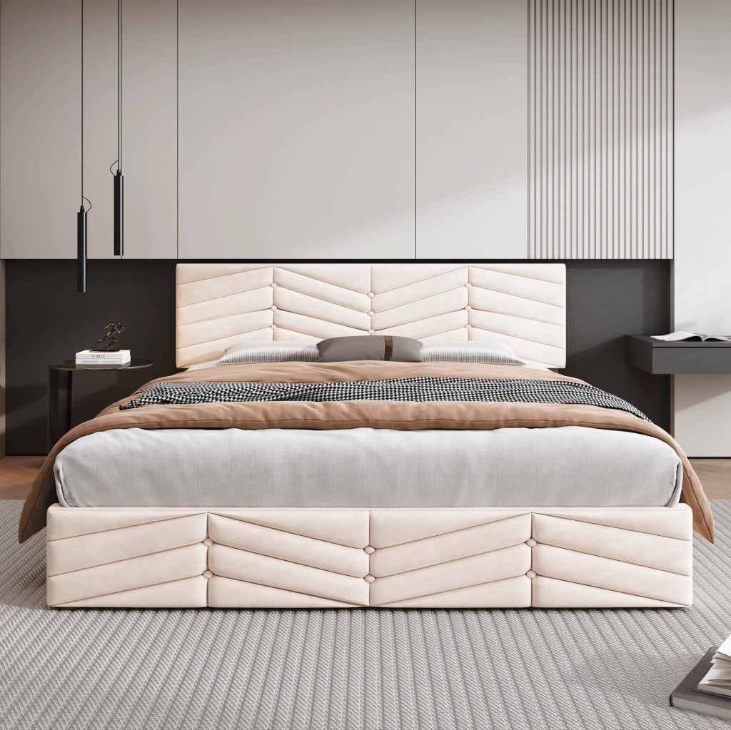 Letto imbottito 140x190 cm; testiera regolabile e rete a doghe; velluto beige