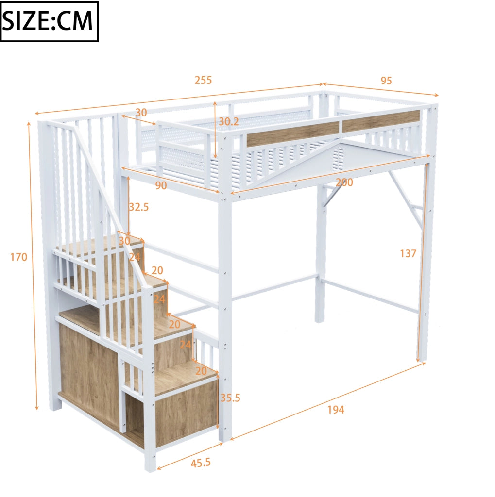 Letto a soppalco 90x200 cm con scala contenitore e recinto di sicurezza; bianco