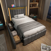 Letto singolo 90x200 cm in lino grigio con LED; USB e 2 cassetti laterali