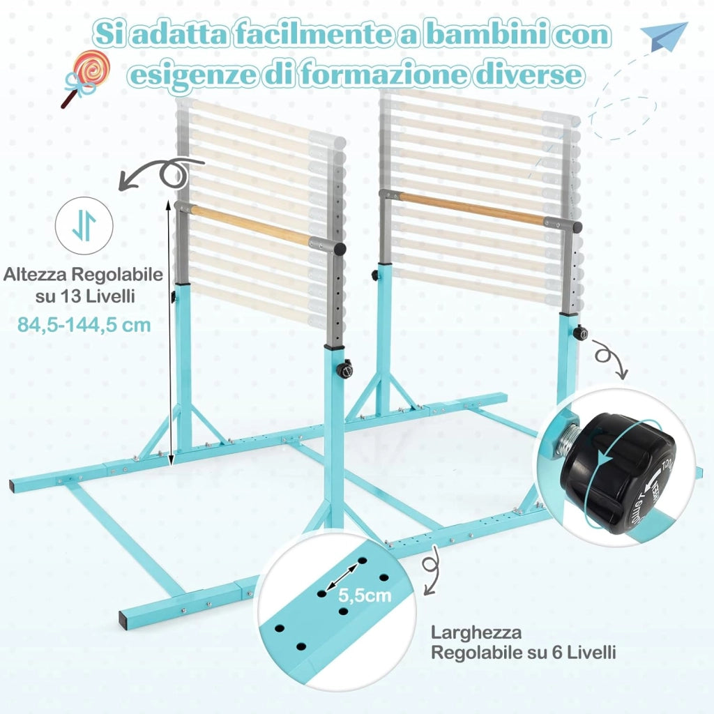 COSTWAY Sbarre Parallele Ginnastica per Bambini, Barre Doppie Ginnastica per Casa con Altezza Regolabile a 13 Livelli e Larghezza Regolabile a 6 Livelli, per Bambini 3+ Anni, Portata 160kg