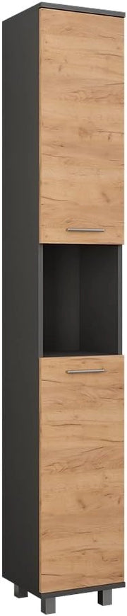 Mobile alto Ilias, Antracite/quercia dorata, 30.2 x 190 cm con 2 porte, per la conservazione di articoli da bagno e prodotti per la cura personale