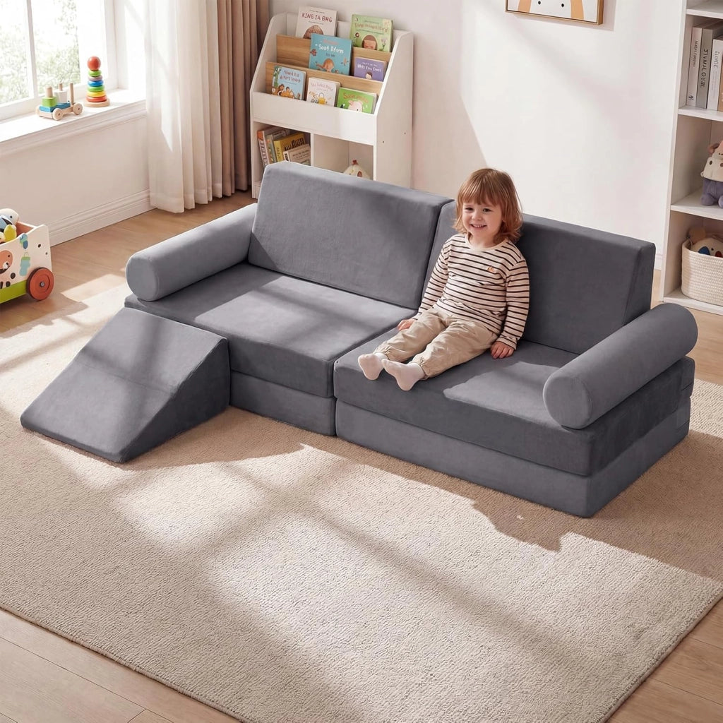 Divano Componibile per Bambini, Divanetto Modurale Sottovuoto 10 Pezzi, per Gioco e Riposo, con Imbottitura in Spugna e Rivestimento in Velluto Cristallo, Fodera Rimovibile e Lavabile (Grigio)