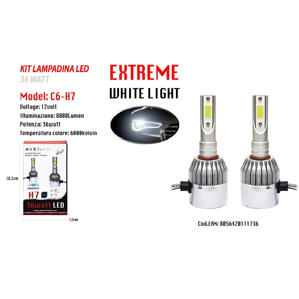 Trade Shop - Led Auto E Moto Lampade Fari Maxtech H7 C6 Kit Lampadine 36w Luce Bianca 6000k -