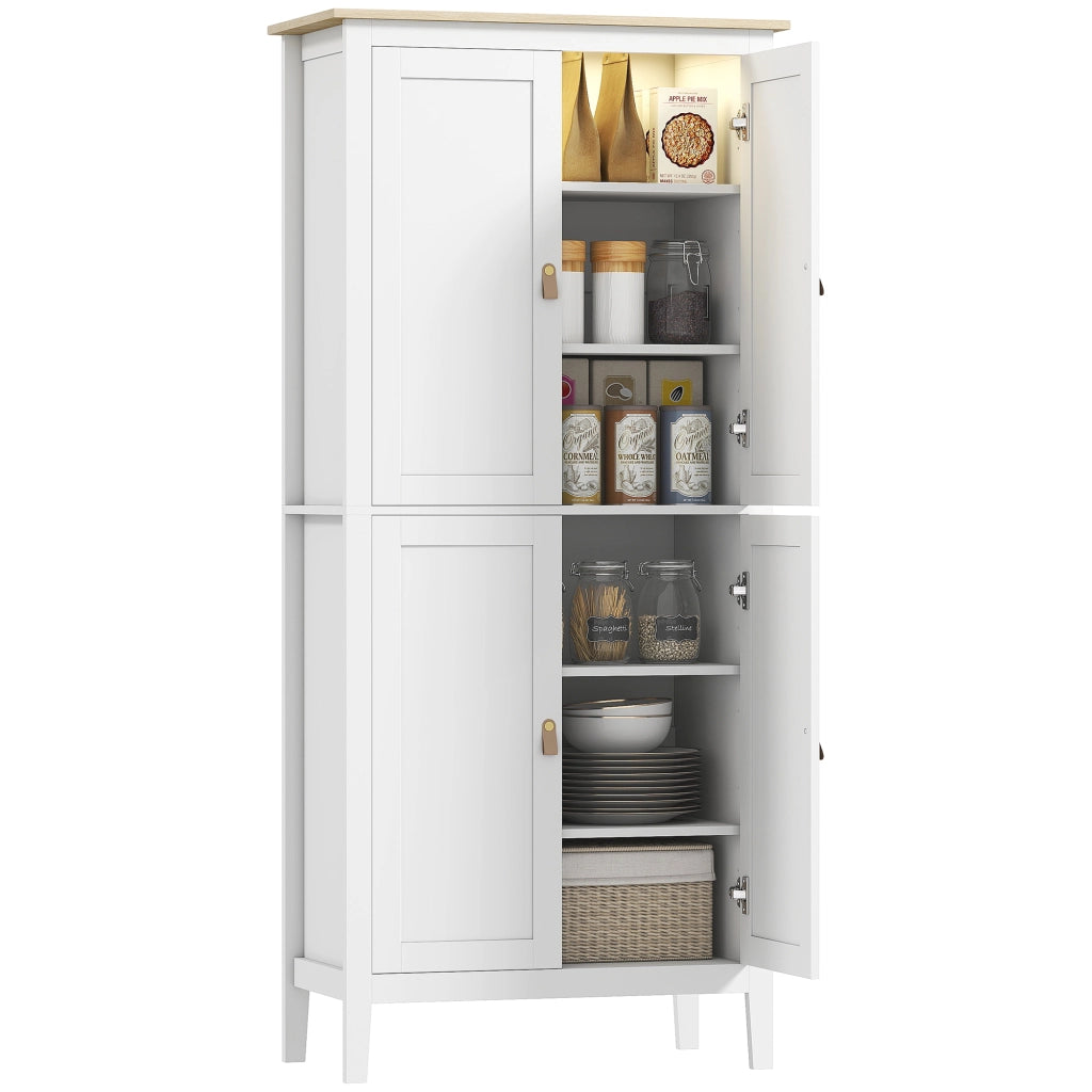 Credenza Cucina Alta 177 cm. Mobile Cucina con Luce LED. Dimmerabile a 3 Colori. Ripiani Regolabili. Bianco