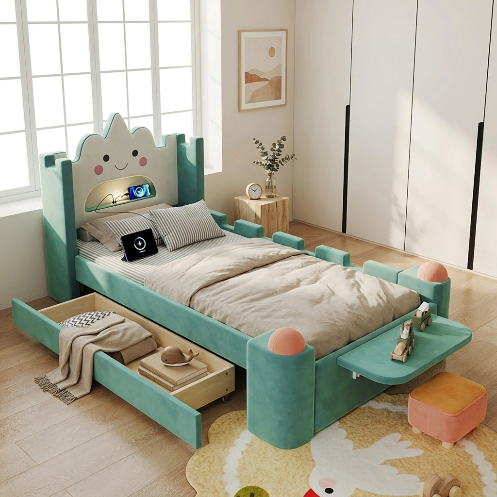 Letto per bambini 90 × 200 cm con lampada da lettura, USB, cassetto contenitore, senza materasso, blu e verde