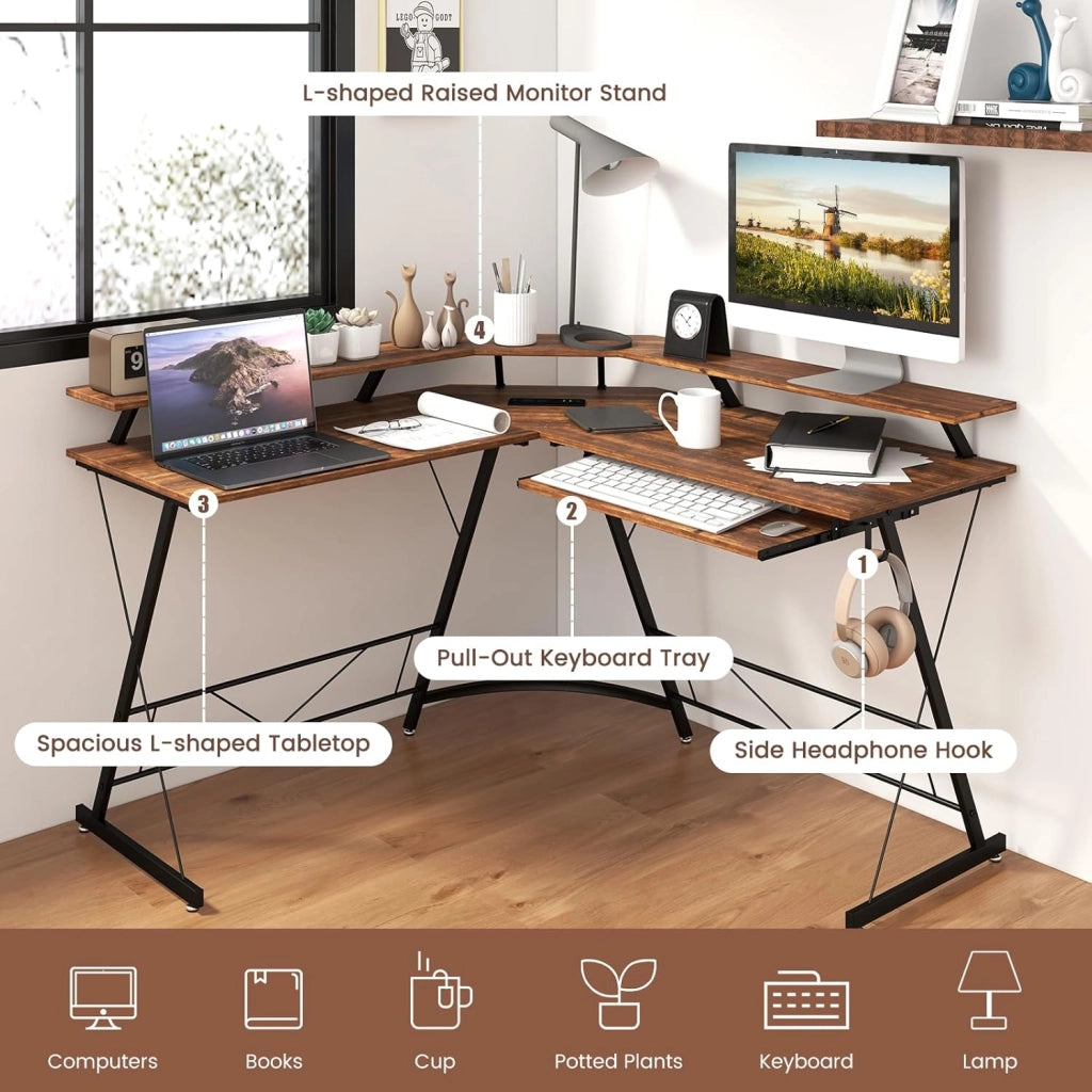 Scrivania angolare per computer a forma di L con 2 prese di corrente, supporto per tastiera, scrivania per computer con 2 porte USB, 130 x 130 x 86 cm (marrone)
