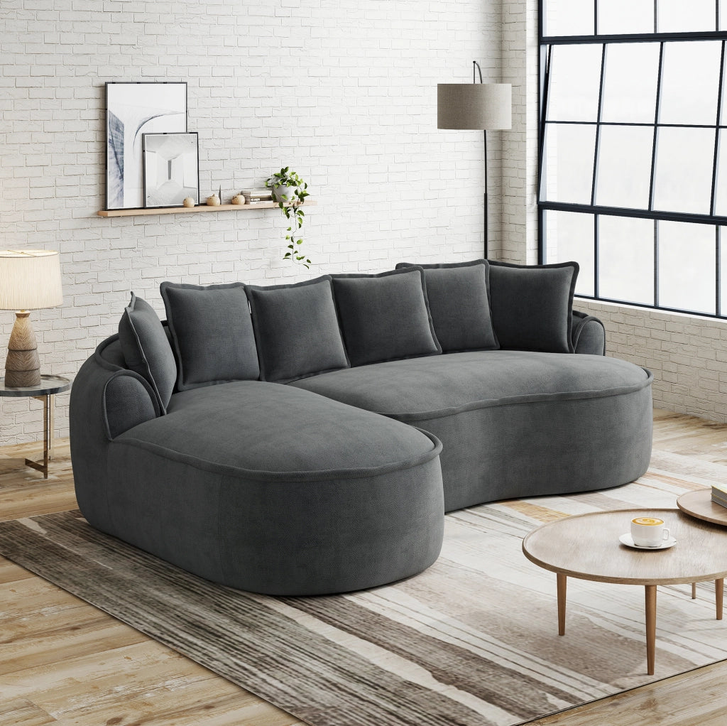 Divano letto modulare 252x164 cm in ciniglia con chaise longue e cuscini; grigio