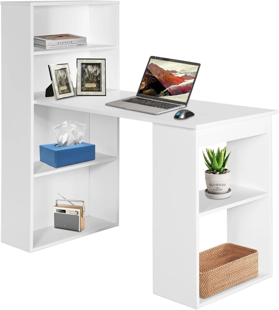Scrivania con libreria, scrivania per computer, tavolo da ufficio con ripiano laterale destro o sinistro, tavolo da lavoro, 6 ripiani, tavolo da gioco, tavolo per computer portatile, in legno