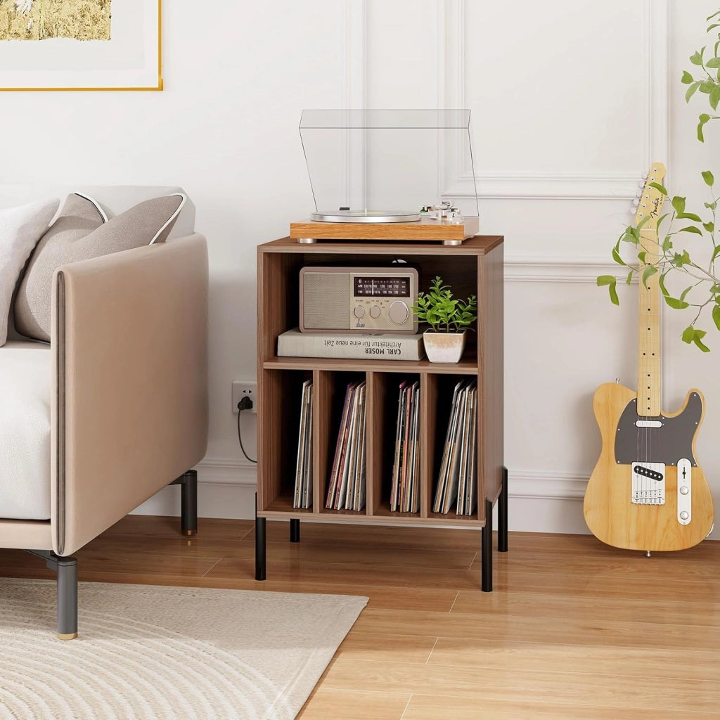Supporto per Giradischi in Vinil con Stazione di Ricarica, Porta Dischi Vinile Vintege con 5 Scomparti Aperti, Espositore per Dischi Fino a 145 Album per Soggiorno, 53x45x78,5cm (Noce)