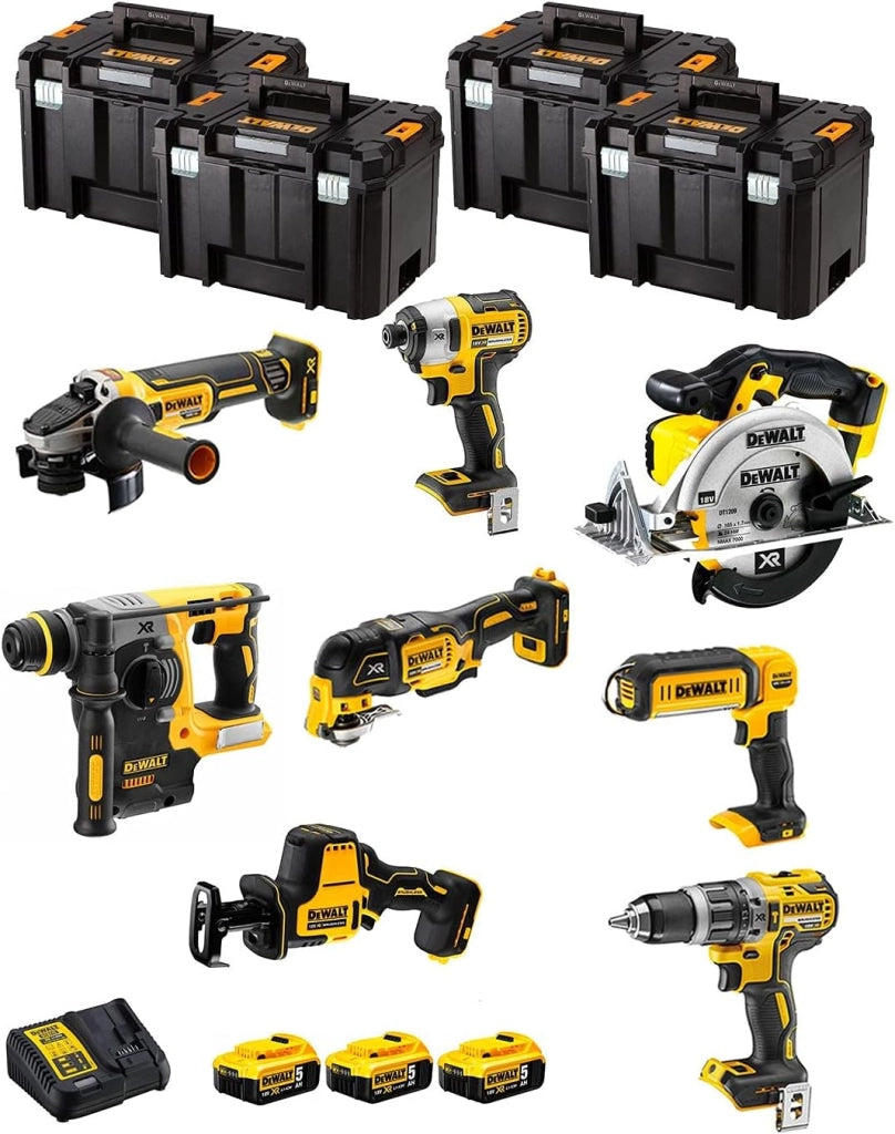 DeWALT Kit DWK802T (DCD796 + DCH273 + DCG405 + DCF887 + DCS355 + DCS369 + DCS391 + DCL050 + 3 Batterie 5,0 Ah + Caricabatterie + 4 x TSTAK VI)