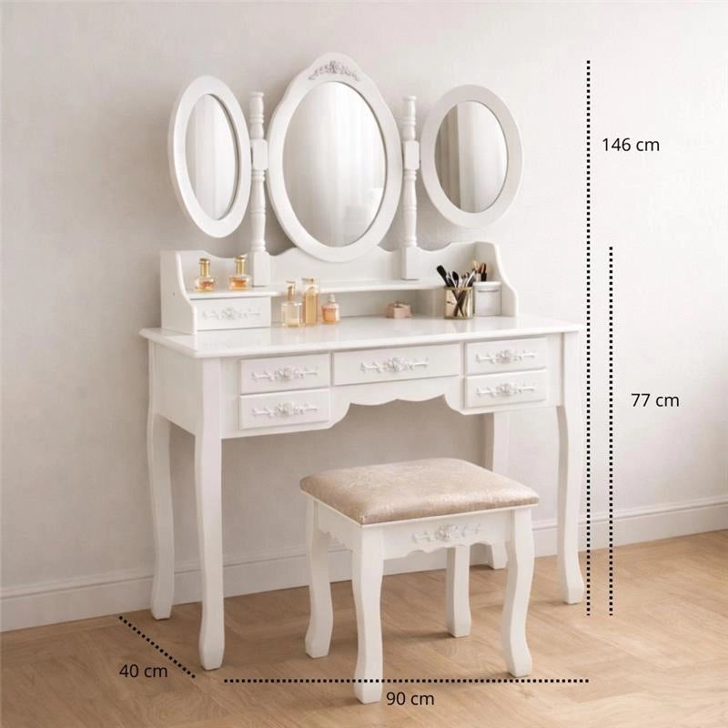 MA MAISON TOELETTA BIANCA IN LEGNO 90X40X146 CM, CONSOLLE TRUCCO CON 3 SPECCHI E SGABELLO, POSTAZIONE MAKE UP PER CAMERA DA LETTO