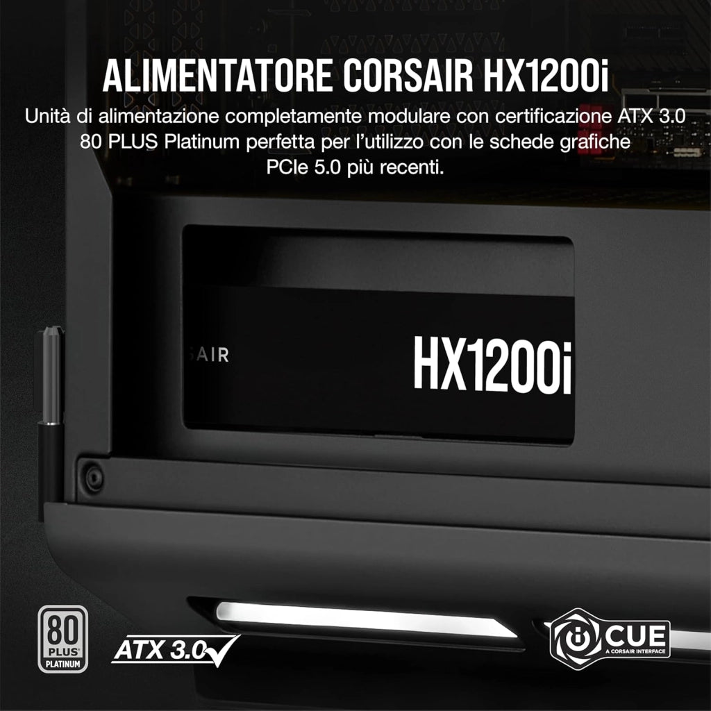 HX1200i Interamente Modulare Ultra-Silenzioso Alimentatore - Compatibilità con Standard ATX 3.0 e PCIe 5.0 - Ventola con Cuscinetto Fluidodinamico - CORSAIR iCUE - 80 PLUS Platinum - Nero