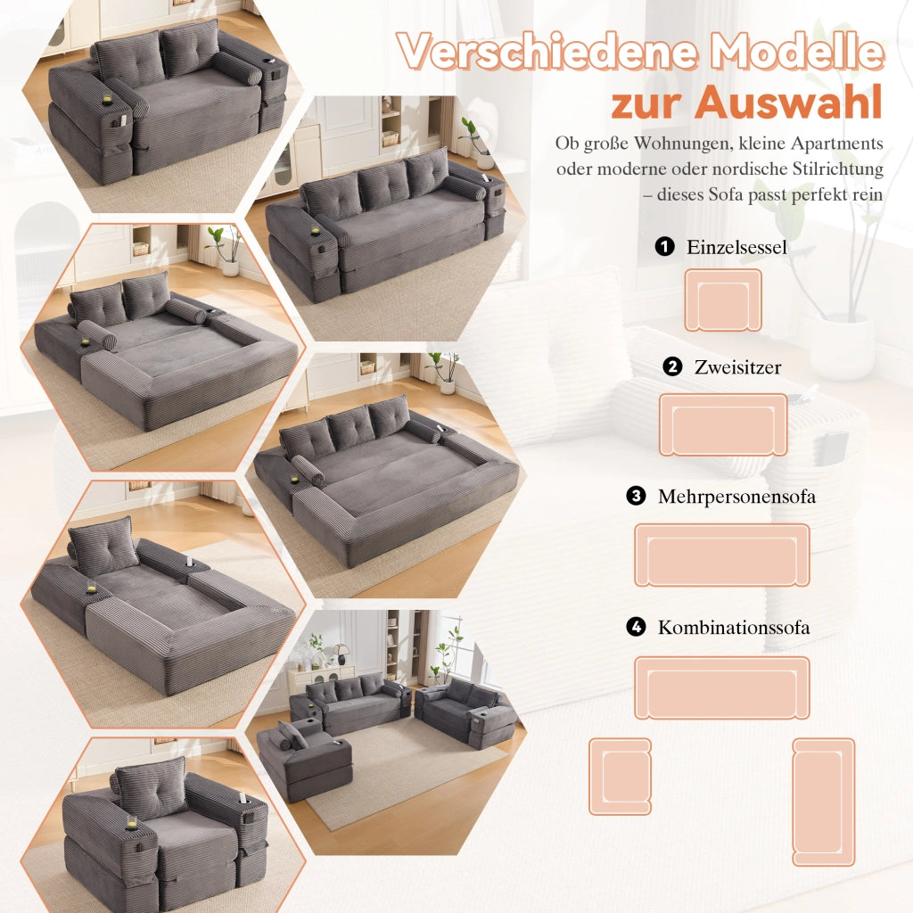 Divano letto modulare in tessuto a coste con tasche laterali, portabicchieri e cuscini memory grigio scuro