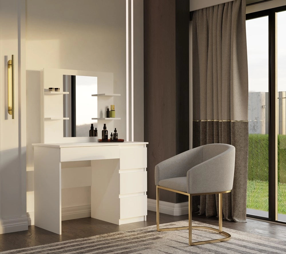 Toeletta MARINA 4p specchio MIJAS destro 4 cassetti 4 ripiani bianco per camera da letto
