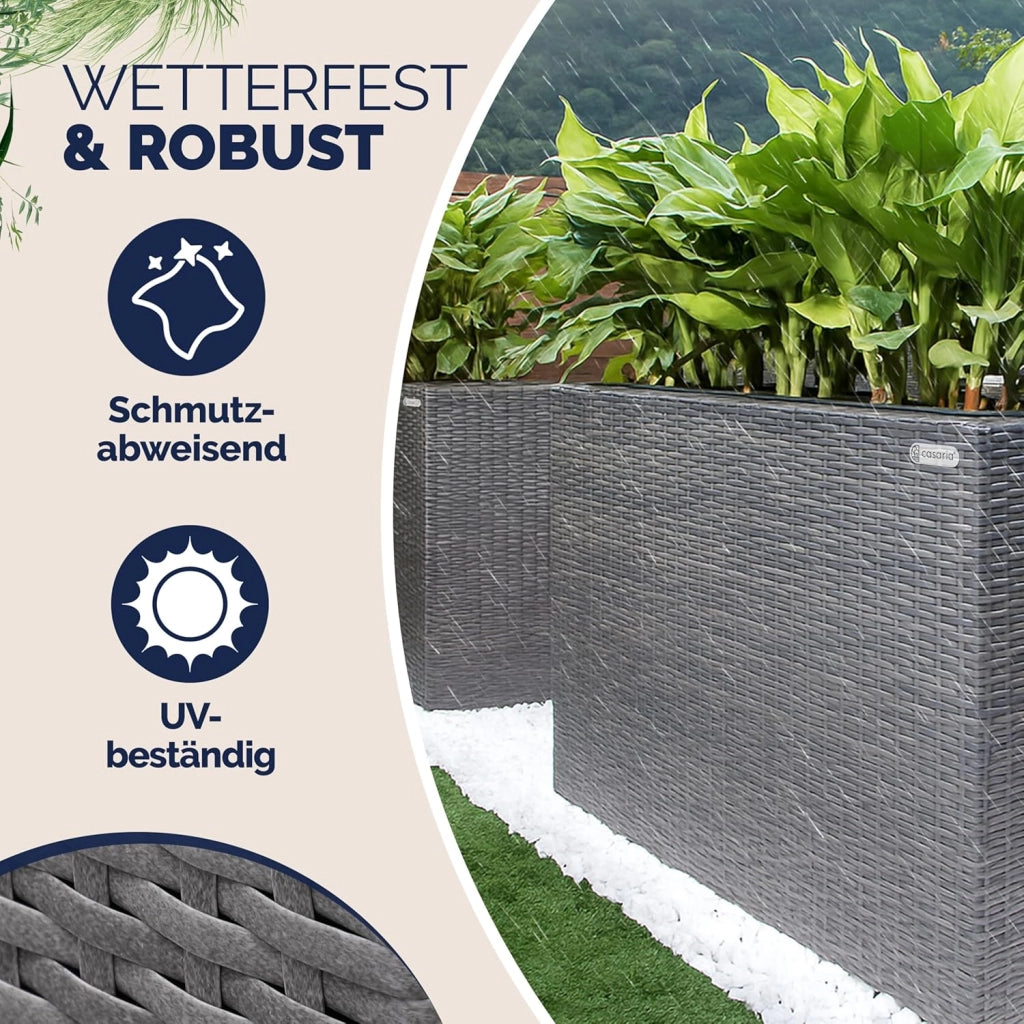 Fioriera Rettangolare 95x27x60 cm con 4 Vasi Interni in Polyrattan con Sistema di Drenaggio Fioriere Porta Vaso da Fiori Piante Divisorio Giardino Balcone Terrazza Grigio